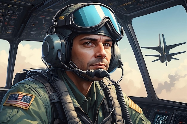 Portrait of Male Pilot in Cockpit of Military Aircraft Air Combat Concept