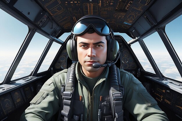 Photo portrait of male pilot in cockpit of military aircraft air combat concept