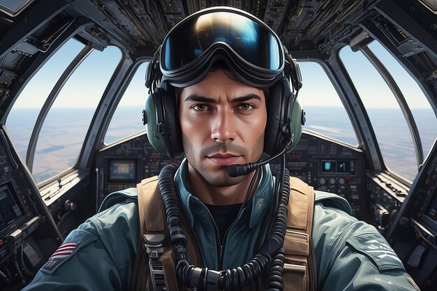 Portrait of Male Pilot in Cockpit of Military Aircraft Air Combat Concept