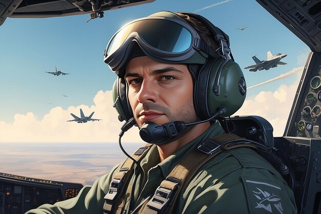 Photo portrait of male pilot in cockpit of military aircraft air combat concept