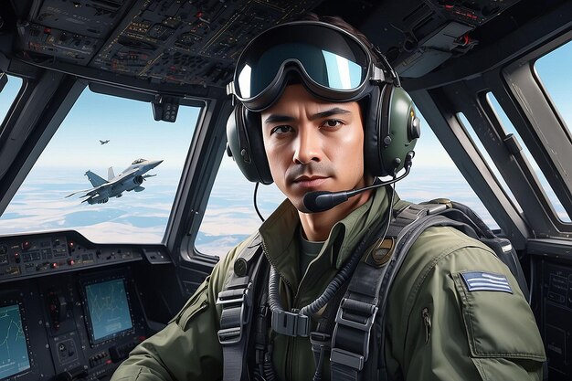 Photo portrait of male pilot in cockpit of military aircraft air combat concept