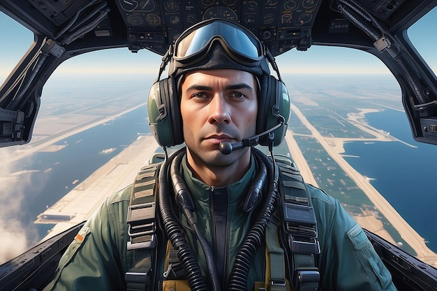 Portrait of Male Pilot in Cockpit of Military Aircraft Air Combat Concept