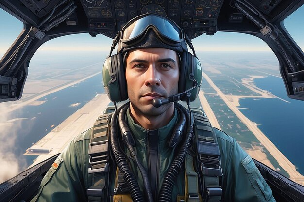 Photo portrait of male pilot in cockpit of military aircraft air combat concept