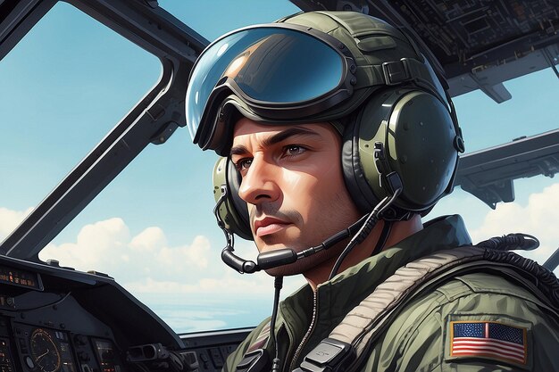 Portrait of Male Pilot in Cockpit of Military Aircraft Air Combat Concept