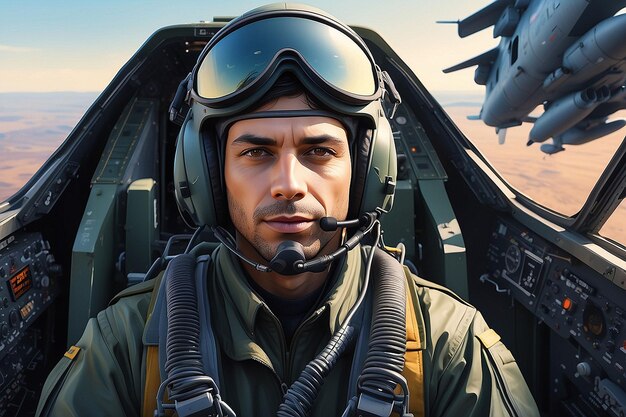 Photo portrait of male pilot in cockpit of military aircraft air combat concept