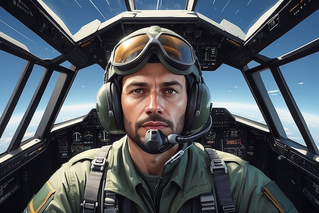 Portrait of Male Pilot in Cockpit of Military Aircraft Air Combat Concept