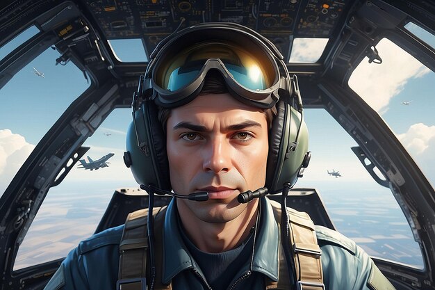 Portrait of Male Pilot in Cockpit of Military Aircraft Air Combat Concept