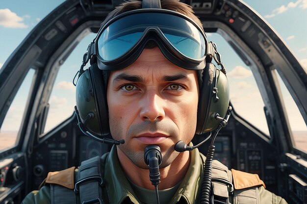 Photo portrait of male pilot in cockpit of military aircraft air combat concept