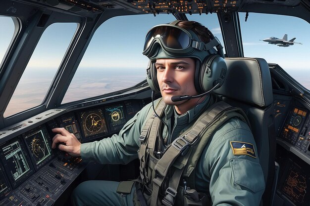 Photo portrait of male pilot in cockpit of military aircraft air combat concept