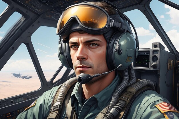 Portrait of Male Pilot in Cockpit of Military Aircraft Air Combat Concept