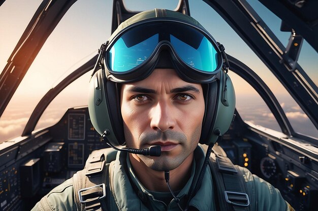 Photo portrait of male pilot in cockpit of military aircraft air combat concept