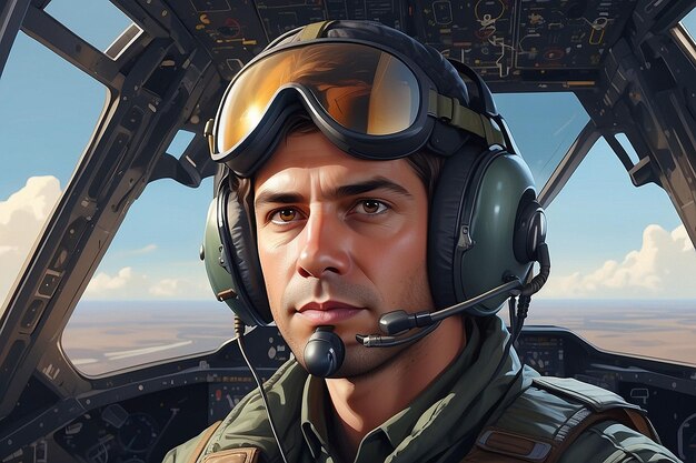 Portrait of Male Pilot in Cockpit of Military Aircraft Air Combat Concept