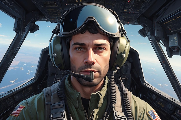 Portrait of Male Pilot in Cockpit of Military Aircraft Air Combat Concept