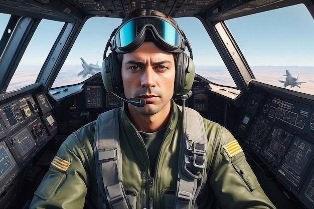 Portrait of Male Pilot in Cockpit of Military Aircraft Air Combat Concept