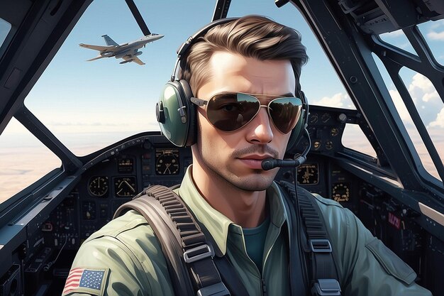 Photo portrait of male pilot in cockpit of military aircraft air combat concept