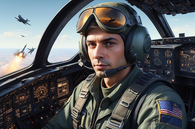 Portrait of Male Pilot in Cockpit of Military Aircraft Air Combat Concept