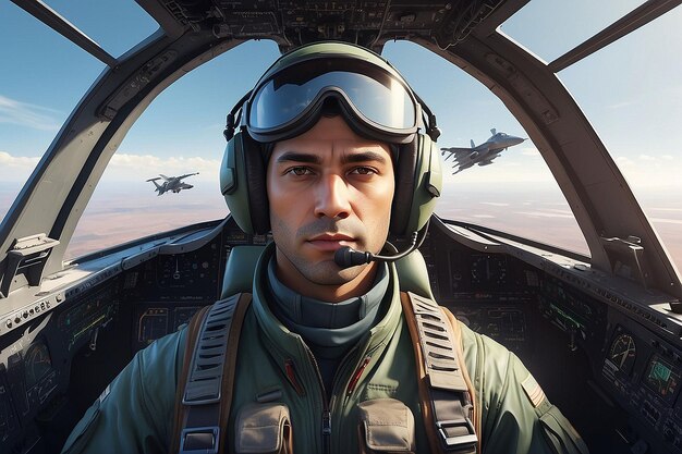 Portrait of Male Pilot in Cockpit of Military Aircraft Air Combat Concept