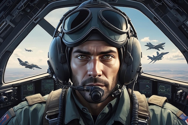 Portrait of Male Pilot in Cockpit of Military Aircraft Air Combat Concept