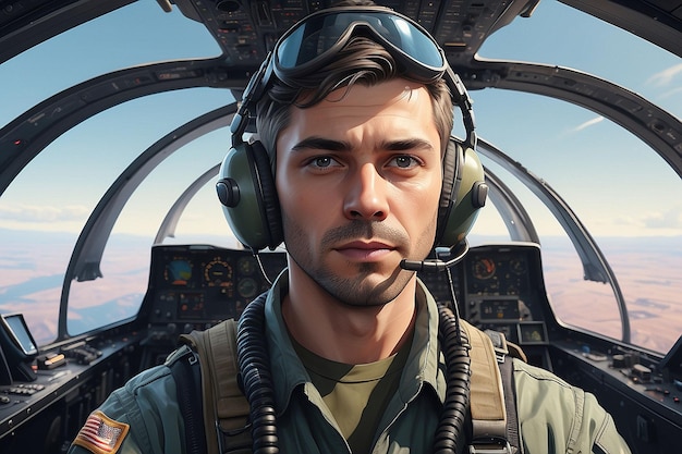 Photo portrait of male pilot in cockpit of military aircraft air combat concept