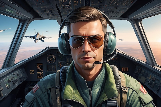 Photo portrait of male pilot in cockpit of military aircraft air combat concept