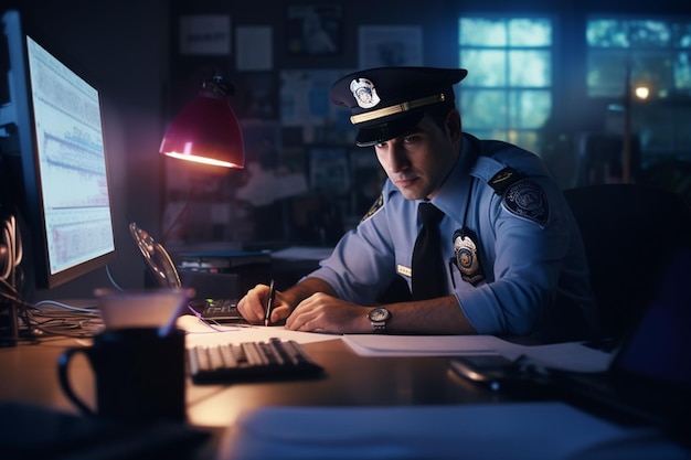 Photo portrait of male police officer sitting at workplace ai generated