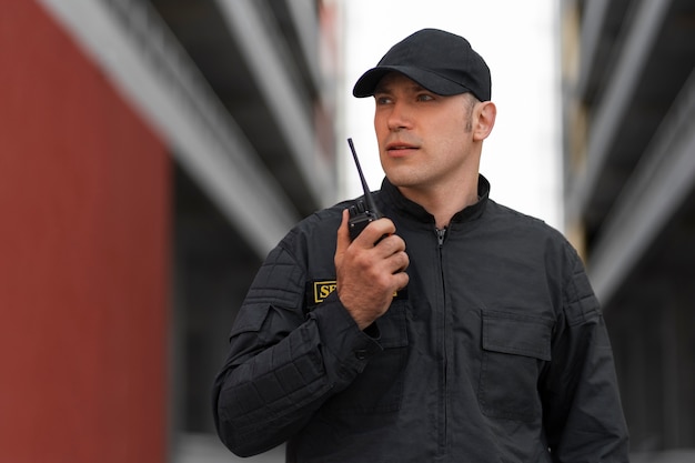 Portrait of male security guard with radio station