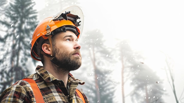 A portrait of a male tree trimmer wearing a safety helmet set against a white background with a glimpse of forest trees behind him leaving space for text or copy