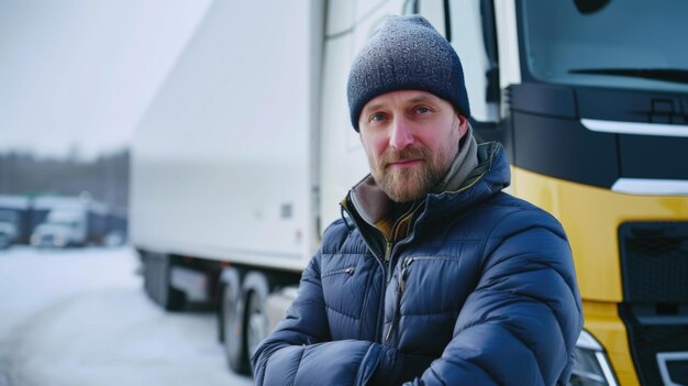 Portrait of male truck driver with truck in the background