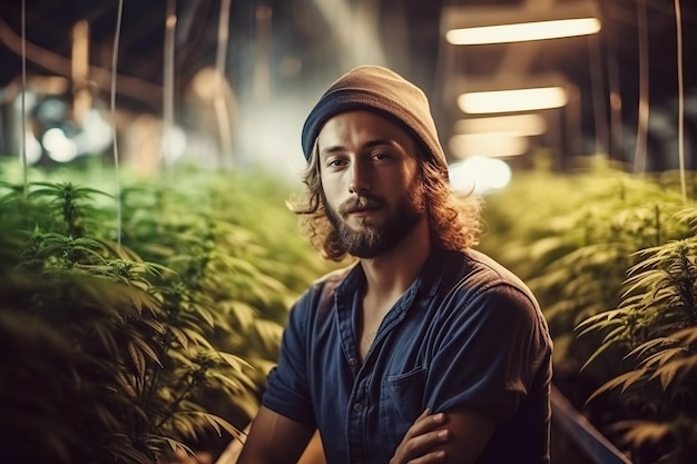 Portrait of male worker in greenhouse for growing cannabis marijuana bushes Legal business for production of medical hemp weed Generative AI