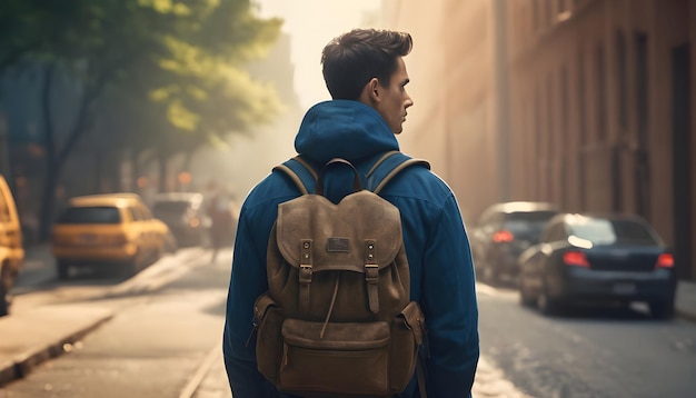 A portrait of man backshot with backpack