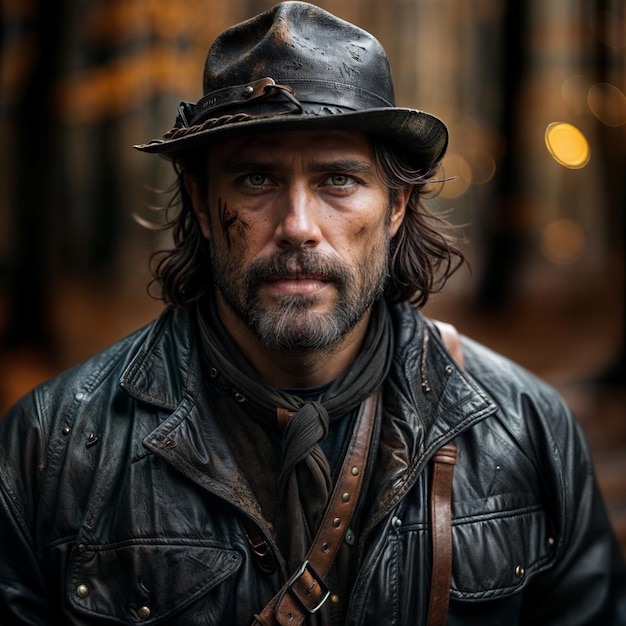 Portrait of a man in a cowboy hat and leather jacket