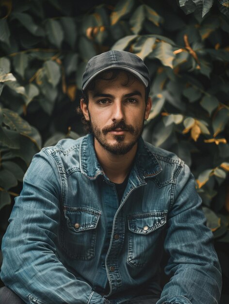 Portrait of a Man in Denim Jacket and Cap Amidst Green Foliage