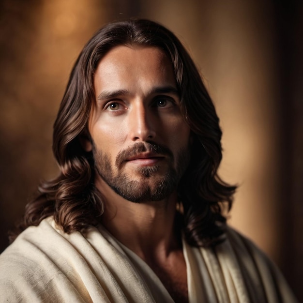 Portrait of a Man Dressed as Jesus White robe Long brown hair and beard Man appears to be in his early 30s and he has a serious expression on his face Christian religion and faith AI