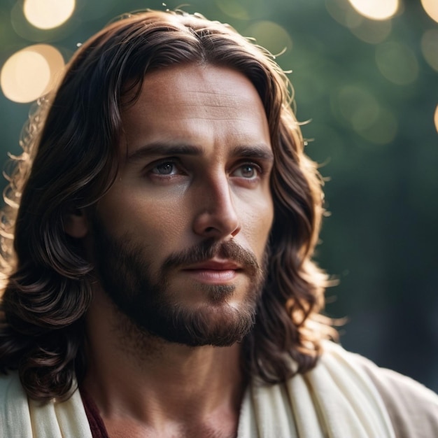 Portrait of a Man Dressed as Jesus White robe Long brown hair and beard Man appears to be in his early 30s and he has a serious expression on his face Christian religion and faith AI