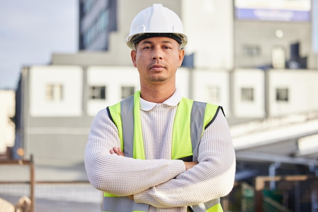 Portrait man and engineer with arms crossed in city with pride for career and job Architect face construction and serious proud and confident male contractor or professional with success mindset