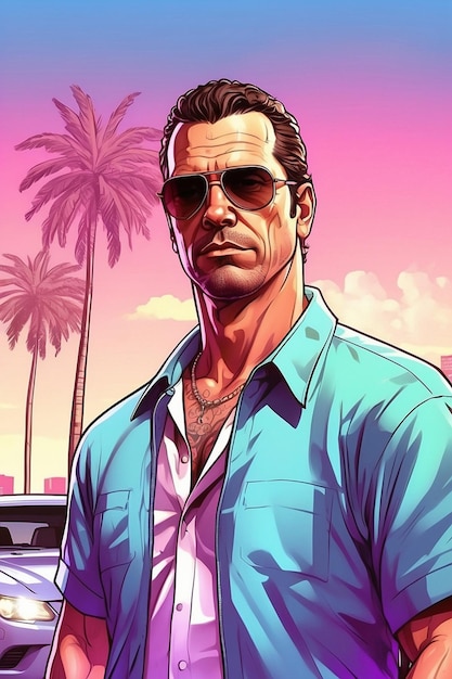 Portrait of a man in GTA Vice City style