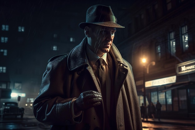 Portrait of a man in a hat and coat in the city at night Detective concept Generative AI