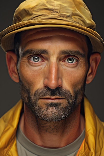 Portrait of a man in a hat and yellow raincoat