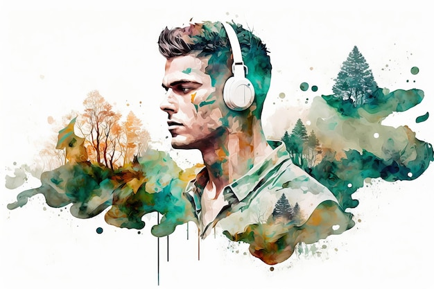 Portrait of a man in headphones double exposure with mountains