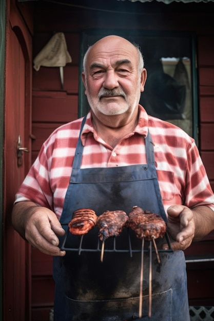 portrait of a man holding meat on a grill created with generative ai