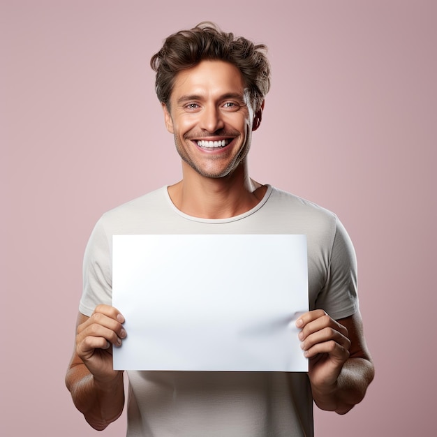 Portrait of man holds a white paper sigh High quality photo