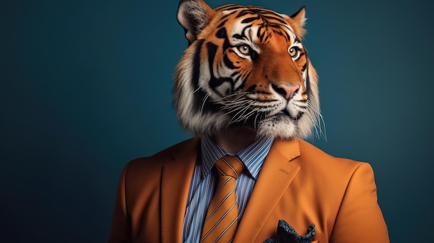 Portrait of a man in an orange business suit with a tiger head leadership concept neural