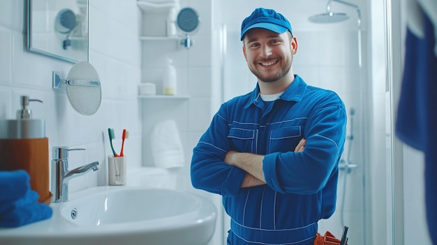 Photo portrait of a man plumbe wear uniform standing with plumber element in bathroom 1