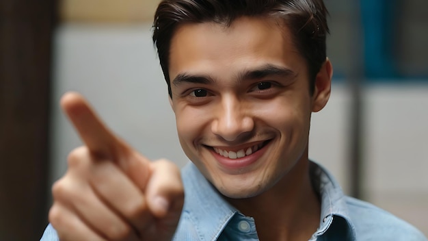 portrait of man pointing finger with smile