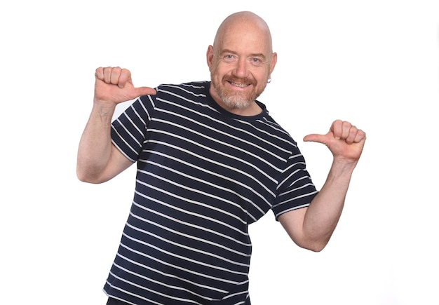 Portrait of man pointing himself on white background