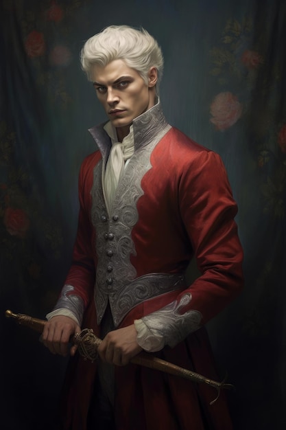 A portrait of a man in a red coat with a sword in his hand.