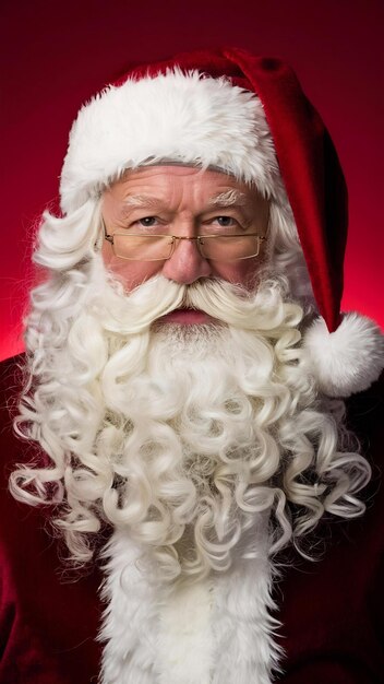 Photo portrait of man in santa claus costume with a luxurious white beard santas hat and a red costum