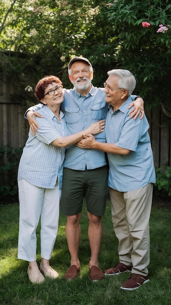 Portrait man and senior parents in garden with smile embrace and care with outdoor bonding togeth