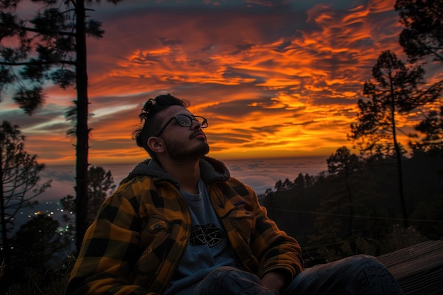 Portrait of a man sitting on a bench enjoying the Sunset