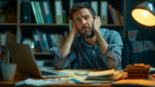 Portrait man sitting behind a desk with an expression of exhaustion and fatigue on his face